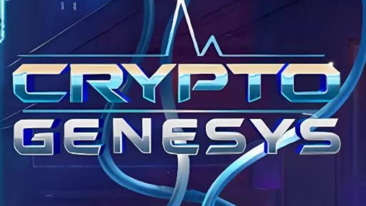 Tampilan futuristik dari slot Crypto Genesys dengan elemen neon dan simbol kripto.